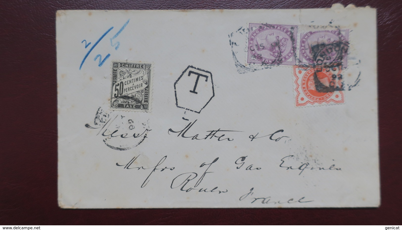 Lettre Grande Bretagne 1892 Pour Rouen Taxe N° 20 Duval 50 Ct Noir Voir Scans - 1859-1959 Covers & Documents