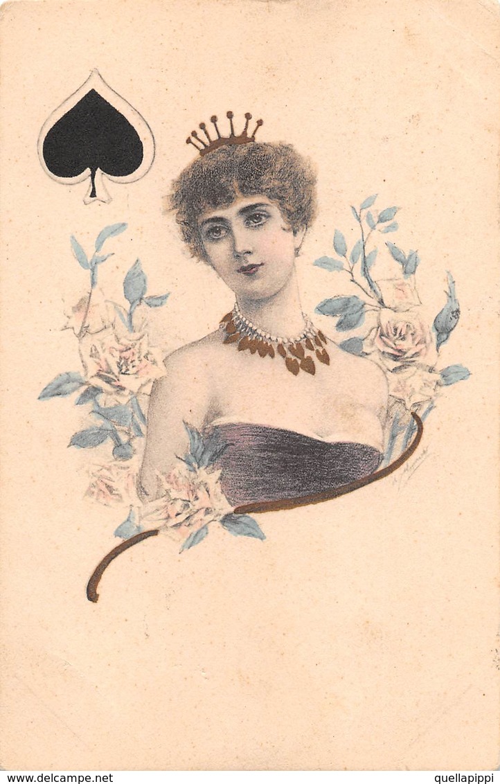 08978 "REGINA DI PICCHE - CARTA DA GIOCO" ANIMATA. FIRMATA. CART SPED 1902 - Giochi, Giocattoli