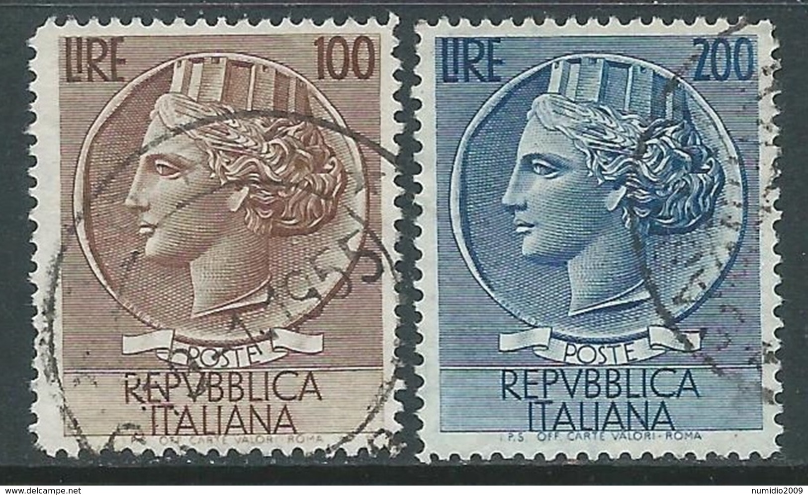 1954 ITALIA USATO TURRITA 100 E 200 LIRE RUOTA - F7-8 - 1946-60: Oblitérés