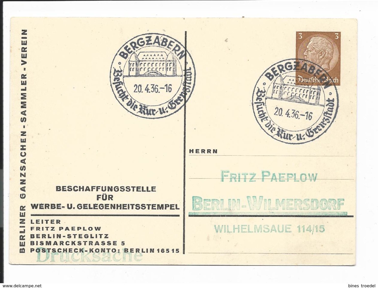 DR PP 122 B 18  - 3 Pf Hindenburg Medaillon BGSV Stempelbeschaffungsstelle M. SST Bergzabern 1936 Adress. - Autres & Non Classés