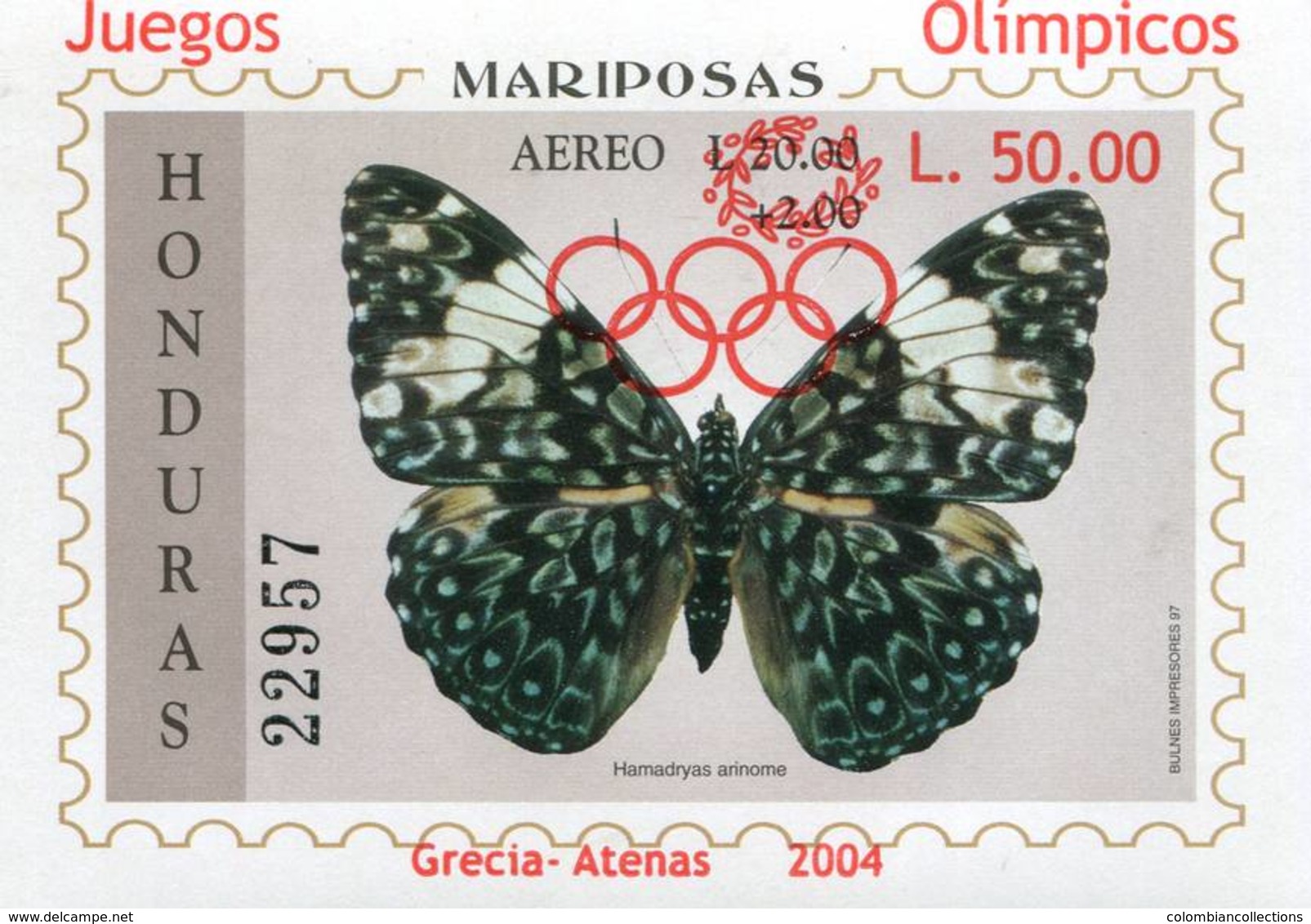 Lote H13, Honduras, 2004, HF, SS, Juegos Olimpicos, Grecia, Mariposa, Olympic Games, Greece, Butterfly - Honduras