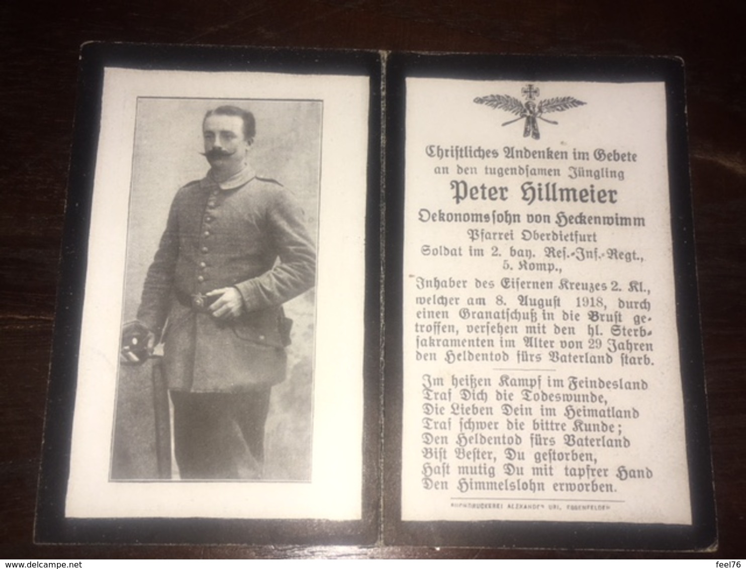 Sterbebild Wk1 Bidprentje Avis Décès Deathcard RIR2 CARVIN Block 3 Grab 1554 Aus Oberdietfurt - 1914-18