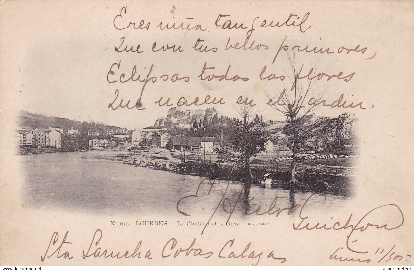LOURDES. LE CHATEAU ET LE GAVE. DT EDIT N°194. CIRCULEE L'ARGENTINE CIRCA 1900 - BLEUP - Lourdes