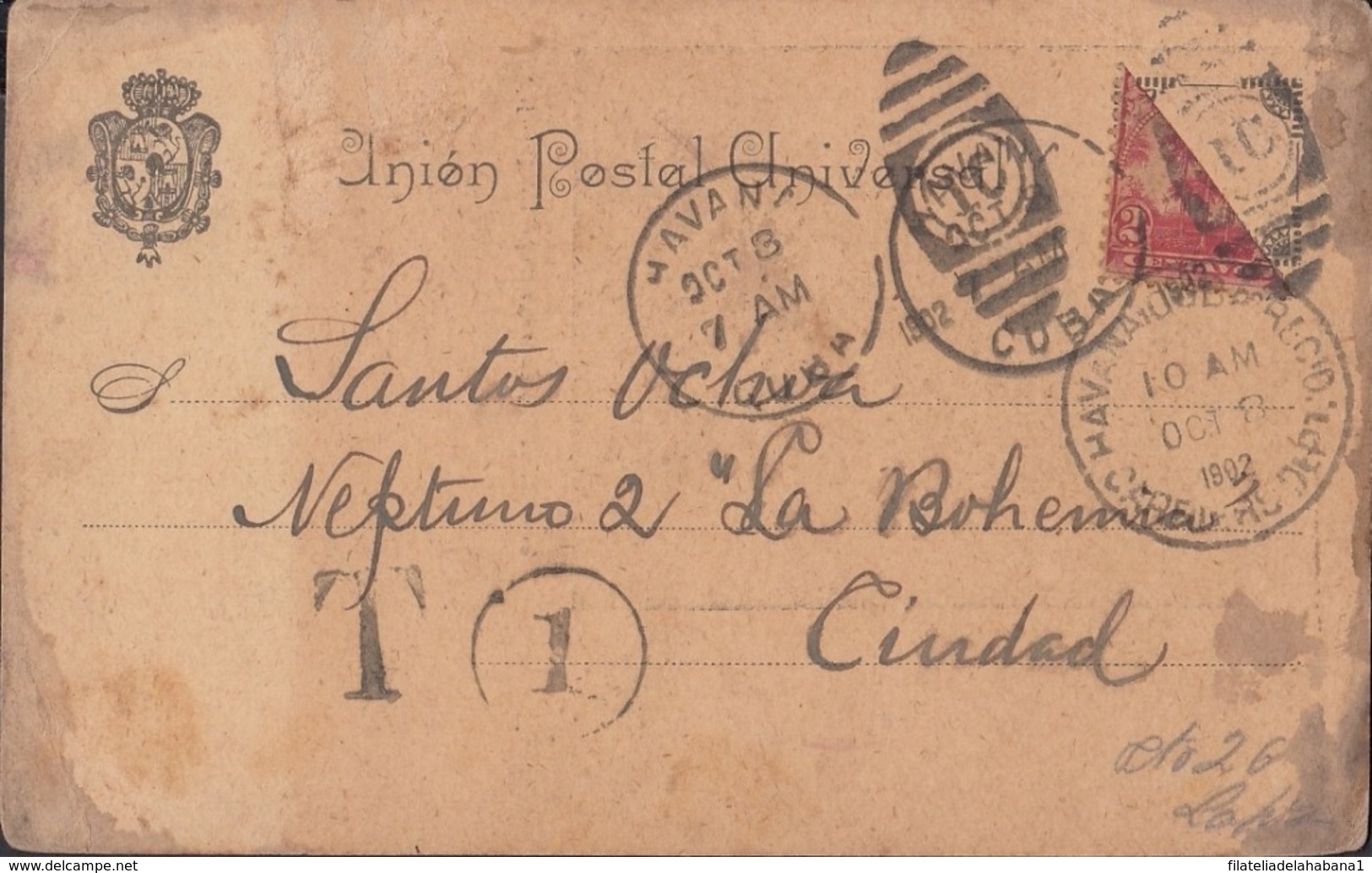 1899-H-163 CUBA 1899 US OCCUPATION. TARJETA POSTAL CON BICEPTO Y TASA POR COBRAR. POSTAGE DUE. 1902. - Lettres & Documents