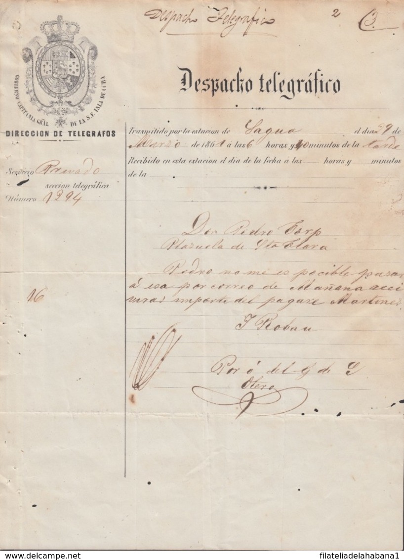 TELEG-262 CUBA (LG1496) SPAIN ANT. TELEGRAM 1861. TIPO II TELEGRAPH. MODELO DE TELEGRAMA. - Télégraphes