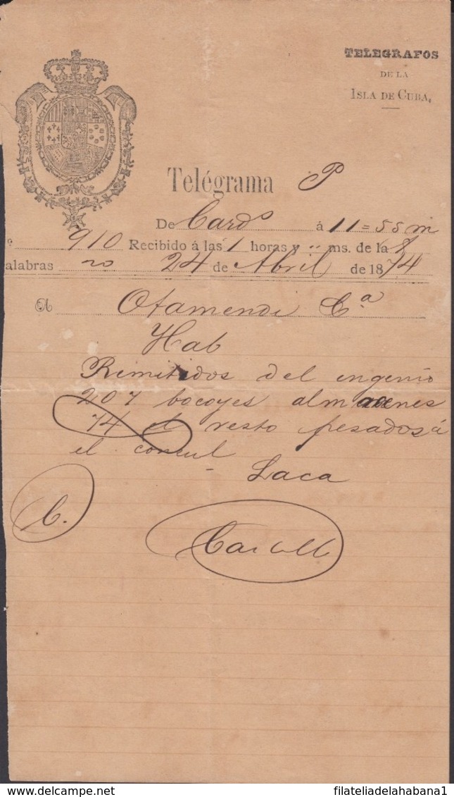 TELEG-265 CUBA (LG1498) SPAIN ANT. TELEGRAM 1874. TIPO VI TELEGRAPH MODELO DE TELEGRAMA - Telegrafo