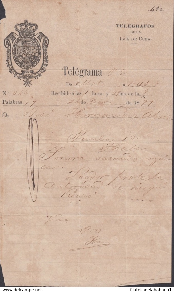 TELEG-270 CUBA (LG1503) SPAIN ANT. TELEGRAM 1877 TIPO XI TELEGRAPH MODELO DE TELEGRAMA - Telégrafo