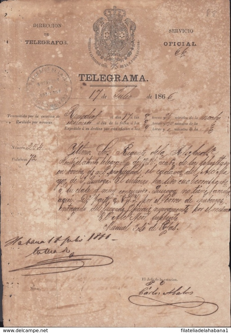 TELEG-275 CUBA (LG1508) SPAIN ANT. TELEGRAM 1866 TIPO XIV TELEGRAPH MODELO DE TELEGRAMA - Télégraphes