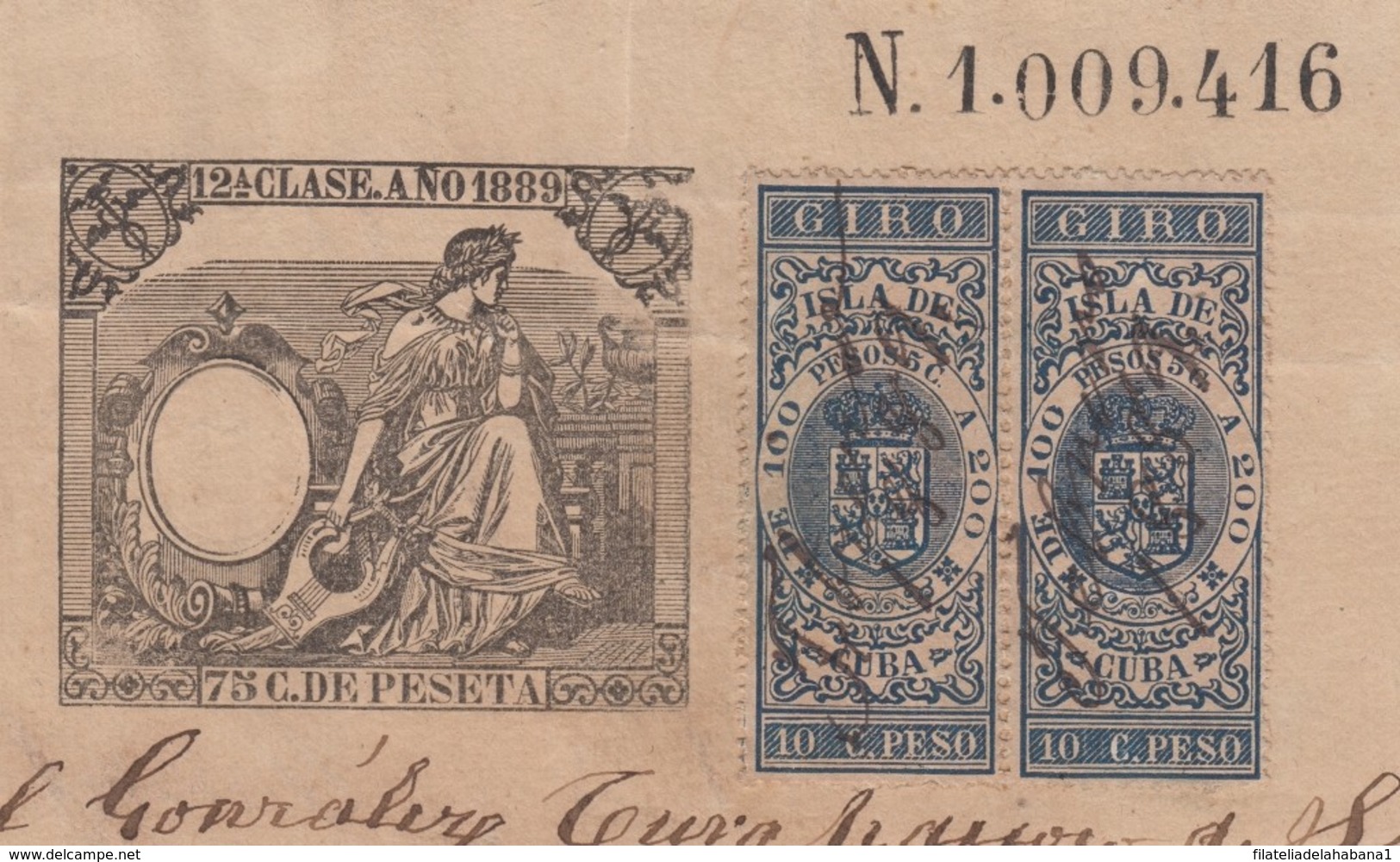 GIR-47 CUBA (LG1517) SPAIN ANT. REVENUE 1889 SEALLED PAPER + GIROS STAMPS. - Timbres-taxe