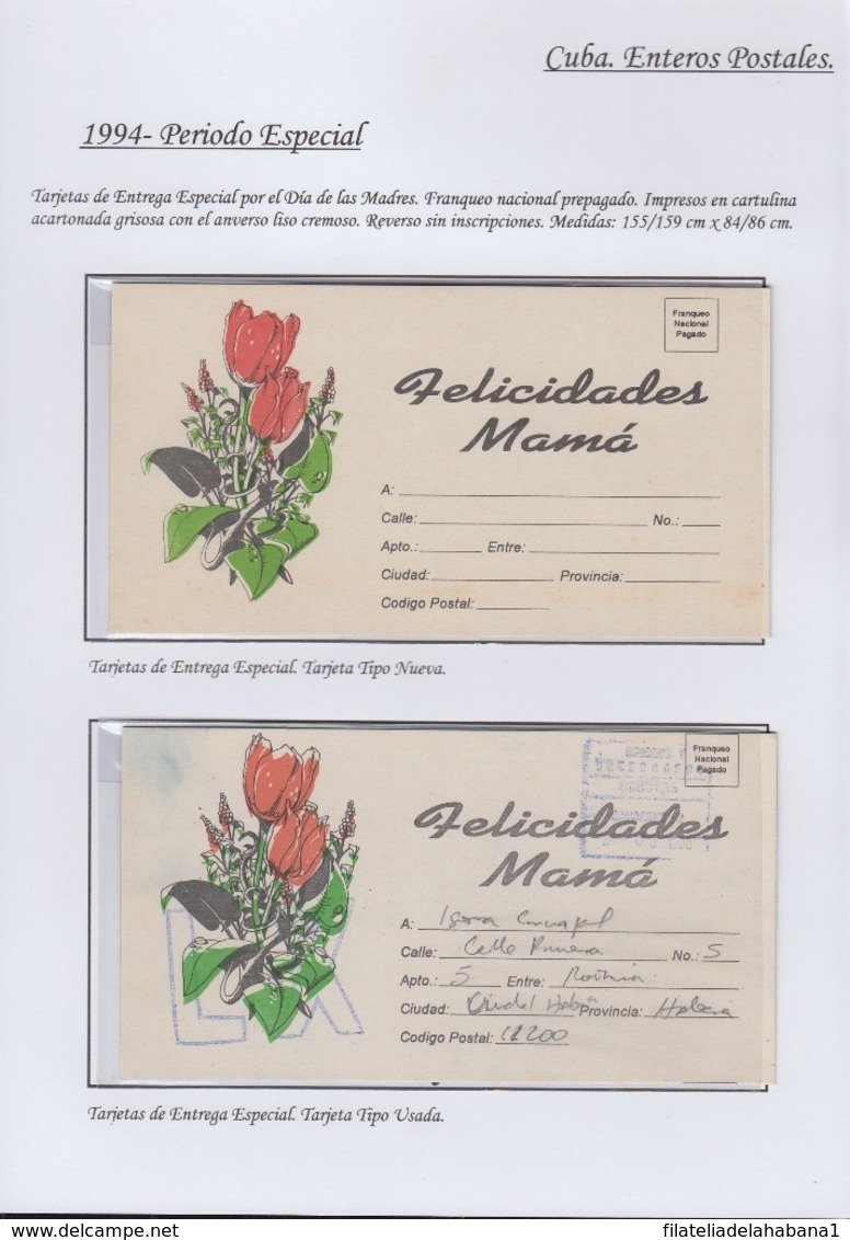 1994-EP-41 CUBA (LG1529) PERIODO ESPECIAL POSTAL STATIONERY COLLECTION ERROR MOTHER DAY 1994. - Lettres & Documents