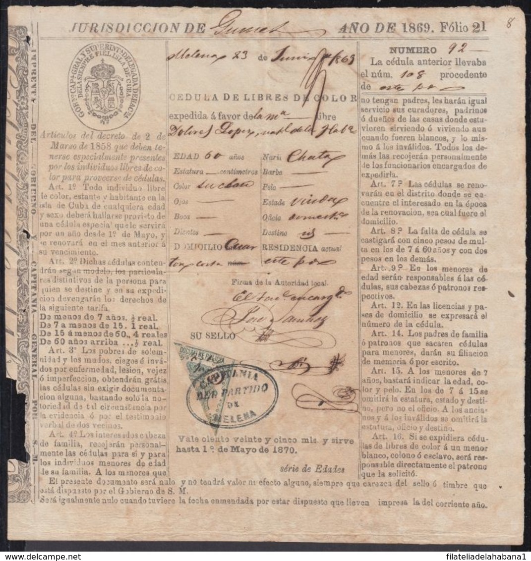 POL-73 CUBA (LG1531) SPAIN ANT. FREE SLAVE SLAVERY CEDULA + REVENUE POLICE BICEPTO 1869. - Timbres-taxe