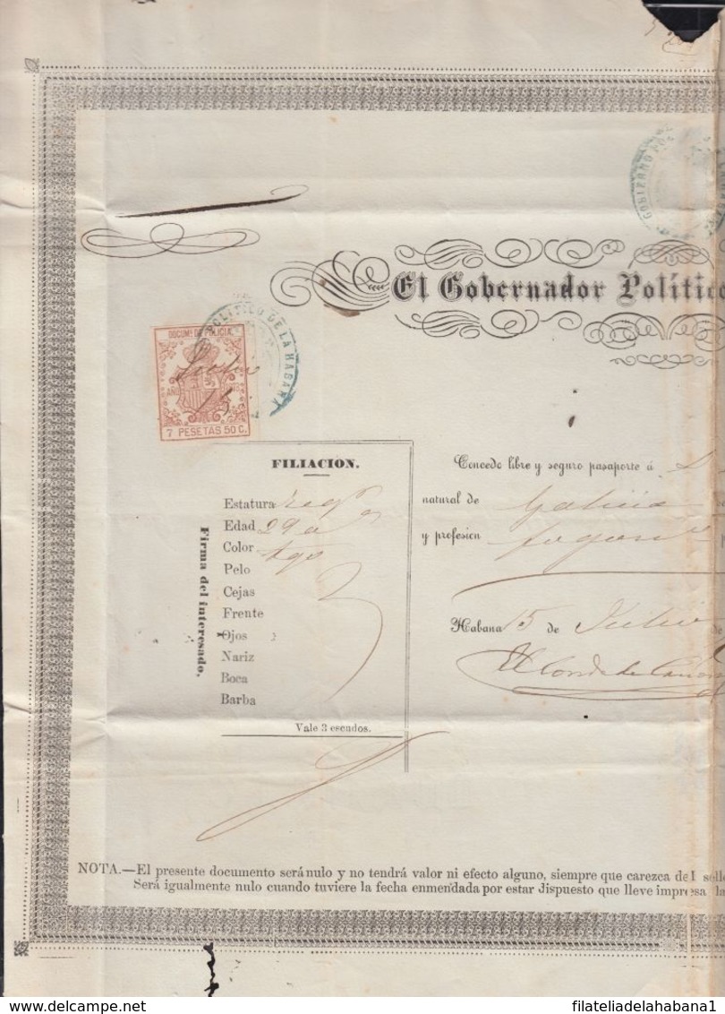 POL-75 CUBA (LG1533) SPAIN ANT.OLD PASSPORT TO SPAIN ANT. 1873 + REVENUE POLICE 7 PTAS. - Segnatasse