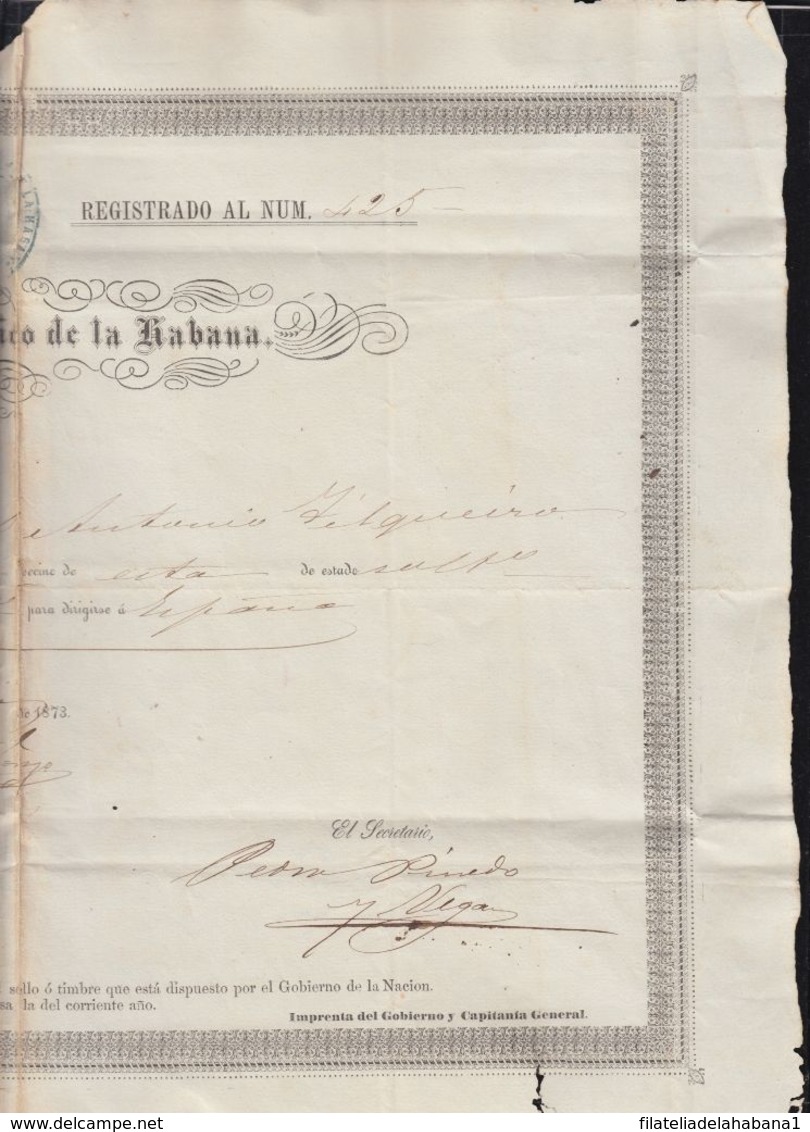 POL-75 CUBA (LG1533) SPAIN ANT.OLD PASSPORT TO SPAIN ANT. 1873 + REVENUE POLICE 7 PTAS. - Strafport