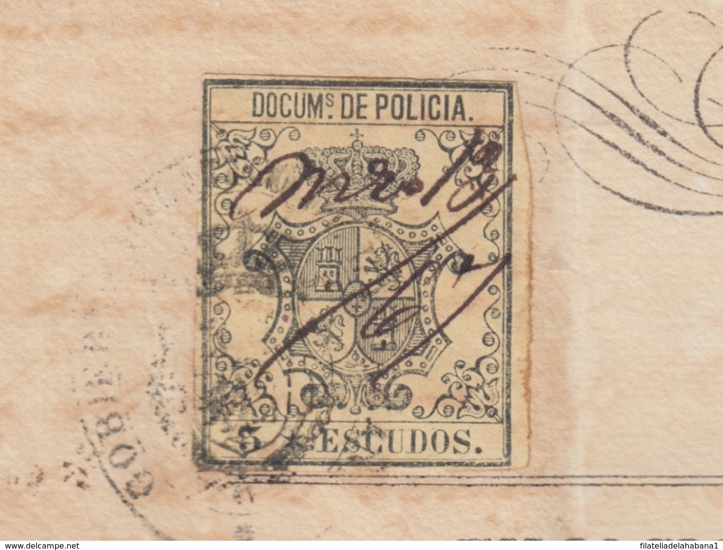 POL-78 CUBA (LG1536) SPAIN ANT. OLD PASSPORT TO SPAIN ANT. 1867 + REVENUE POLICE 5 ESC. - Segnatasse