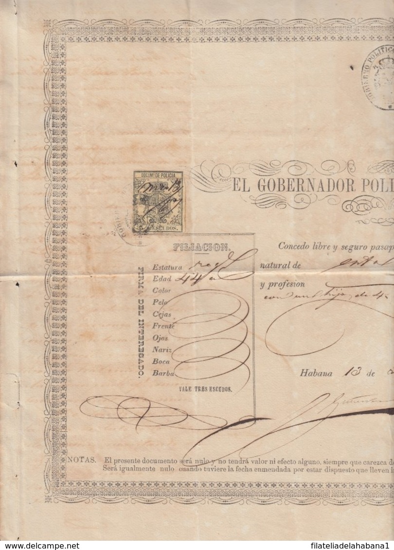 POL-78 CUBA (LG1536) SPAIN ANT. OLD PASSPORT TO SPAIN ANT. 1867 + REVENUE POLICE 5 ESC. - Portomarken