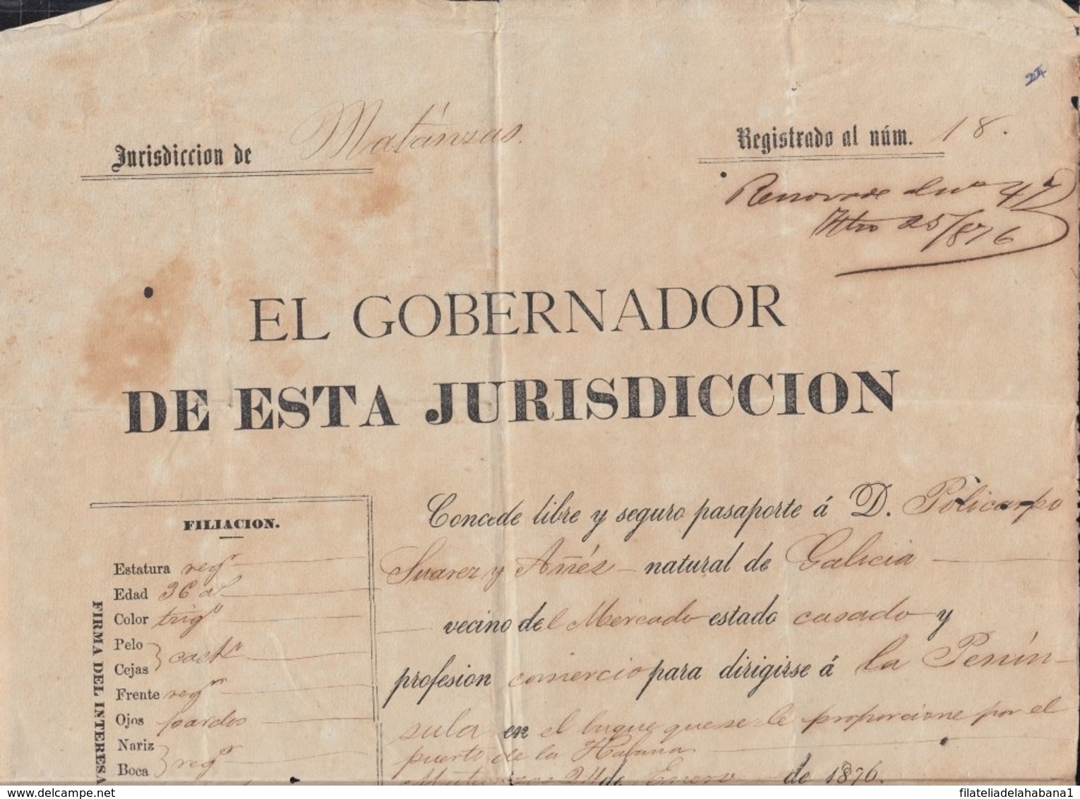 POL-79 CUBA (LG1537) SPAIN ANT.OLD PASSPORT TO SPAIN ANT. 1876 + REVENUE POLICE 2 PTAS. - Portomarken