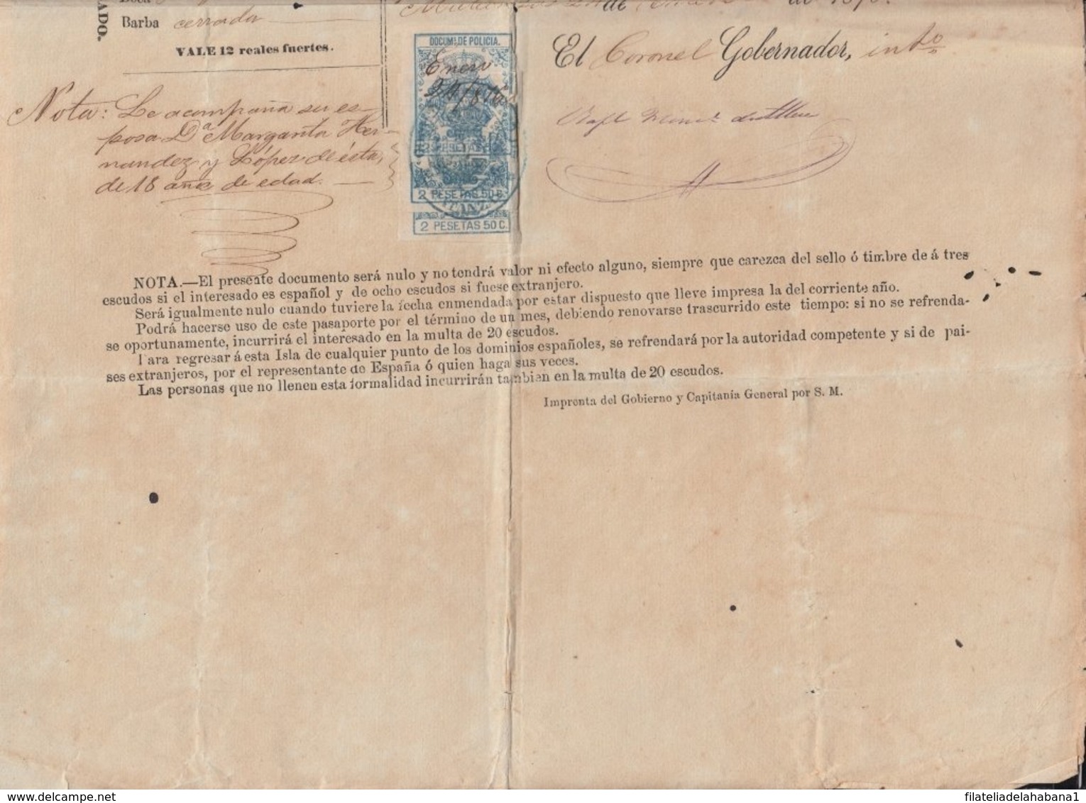 POL-79 CUBA (LG1537) SPAIN ANT.OLD PASSPORT TO SPAIN ANT. 1876 + REVENUE POLICE 2 PTAS. - Strafport