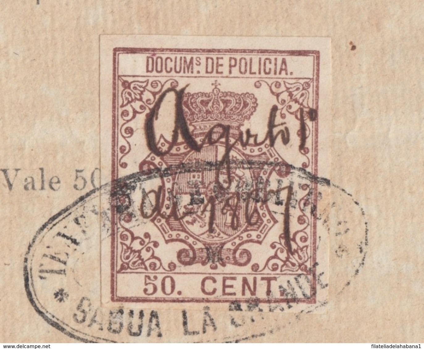 POL-80 CUBA (LG1538) SPAIN ANT.CHINA SLAVE COLONO CEDULA + REVENUE POLICE STAMP 1867. - Portomarken