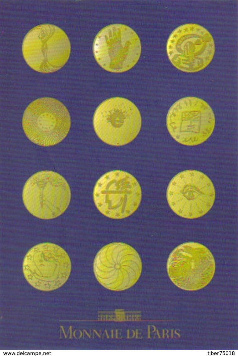 Carte Postale "Cart'Com" - Série Monnaie De Paris - La Médaille De L'Europe (coffret) - 12 Affichistes (Gruau, Searle..) - Monnaies (représentations)