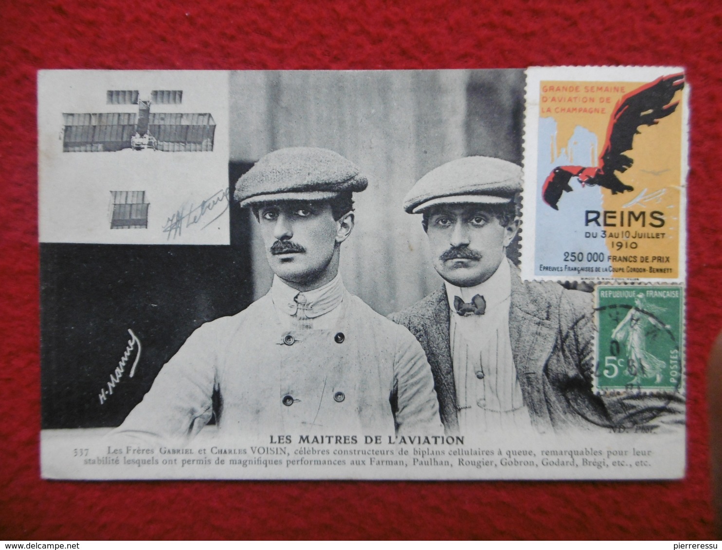 LES MAITRES DE L AVIATION LES FRERES GABRIEL ET CHARLES VOISIN VIGNETTE REIMS 1910 - Aviateurs