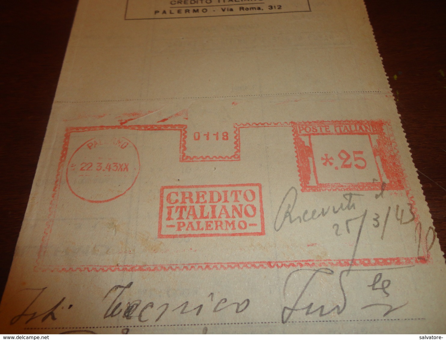 AFFRANCATURA MECCANICA CREDITO ITALIANO PALERMO-22-03-1943 25 - Macchine Per Obliterare (EMA)