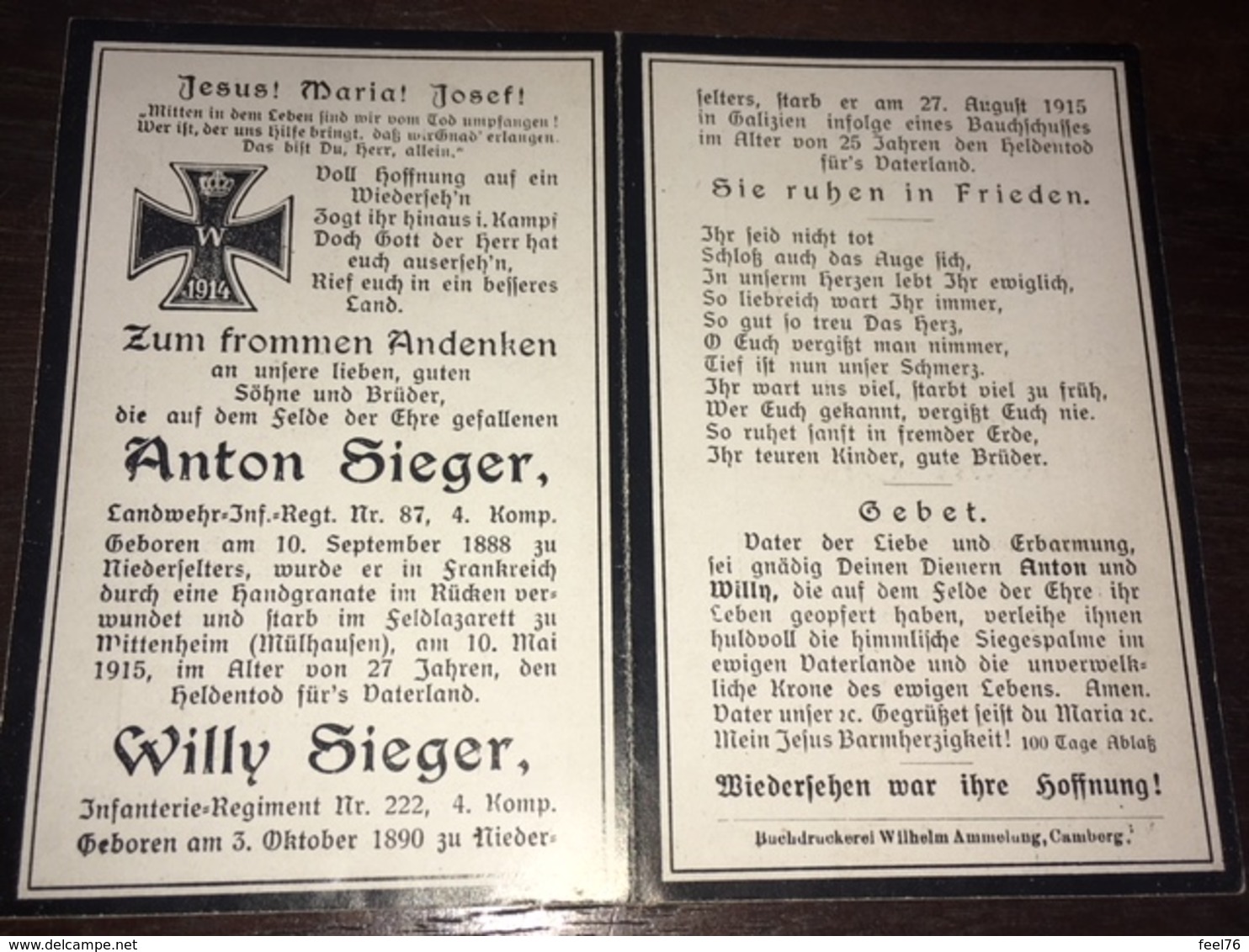 Sterbebild Wk1 Bidprentje Avis Décès Deathcard LIR87 WITTENHEIM Mülhausen Mulhouse Cernay Bl. 8 Grab 452 RIR222 Galizien - 1914-18