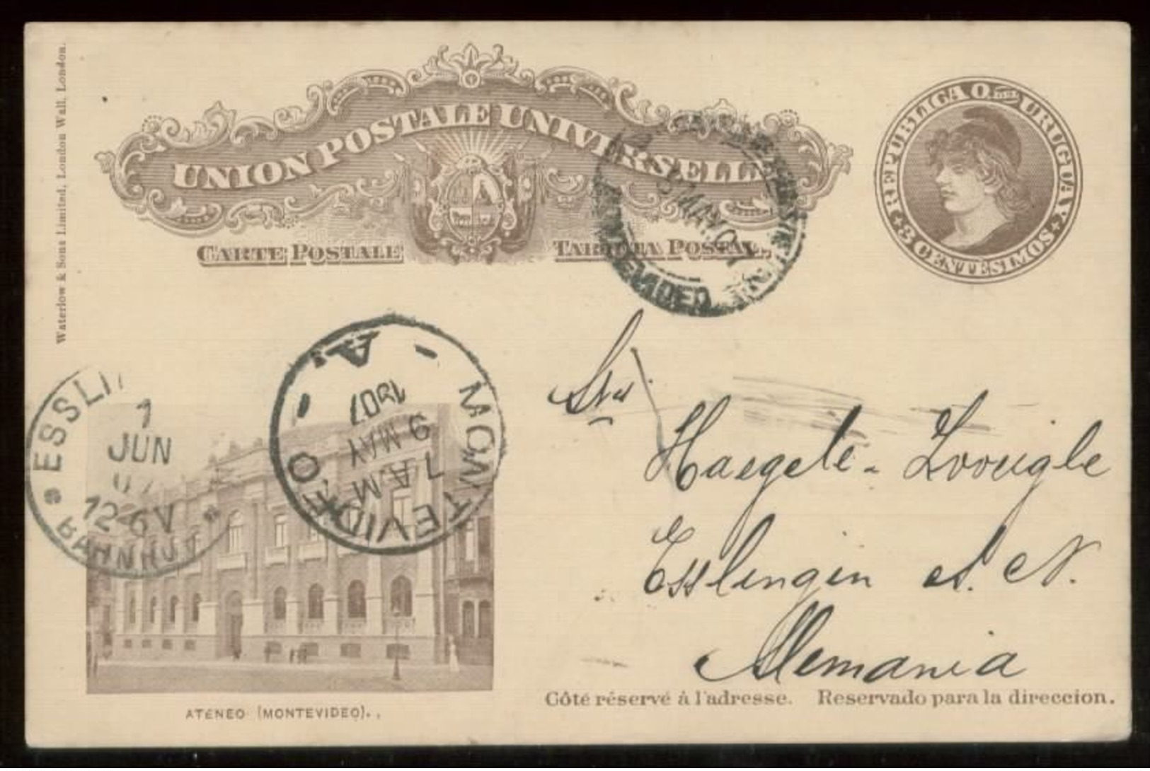 14759 Uruguay GS Karte Motevideo - Esslingen 1907 , Bedarfserhaltung. - Uruguay