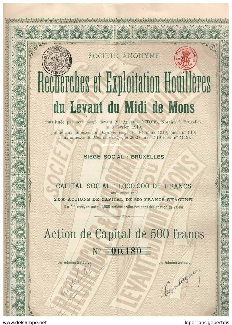 Action Ancienne - Recherches Et Exploitation Houillères Du Levant Du Midi De Mons - Titre De 1919 - N°00180 - Mines