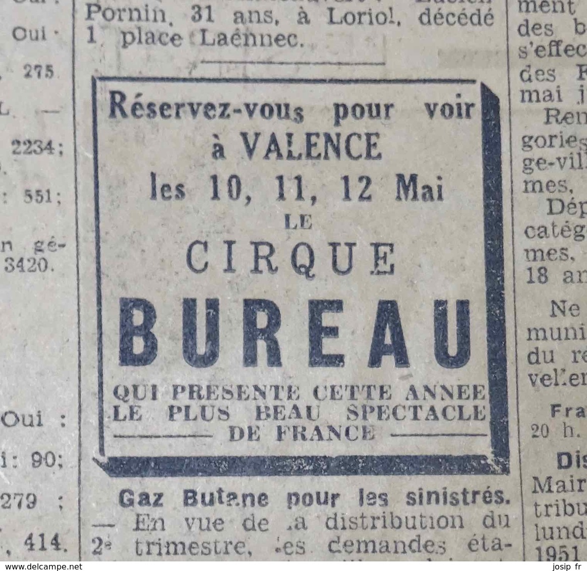 CIRQUE BUREAU- PLACARD PUBLICITAIRE SUR LES ALLOBROGES, Quotidien RHÔNE-ALPES Du 06 Mai 1946 - Pubblicitari