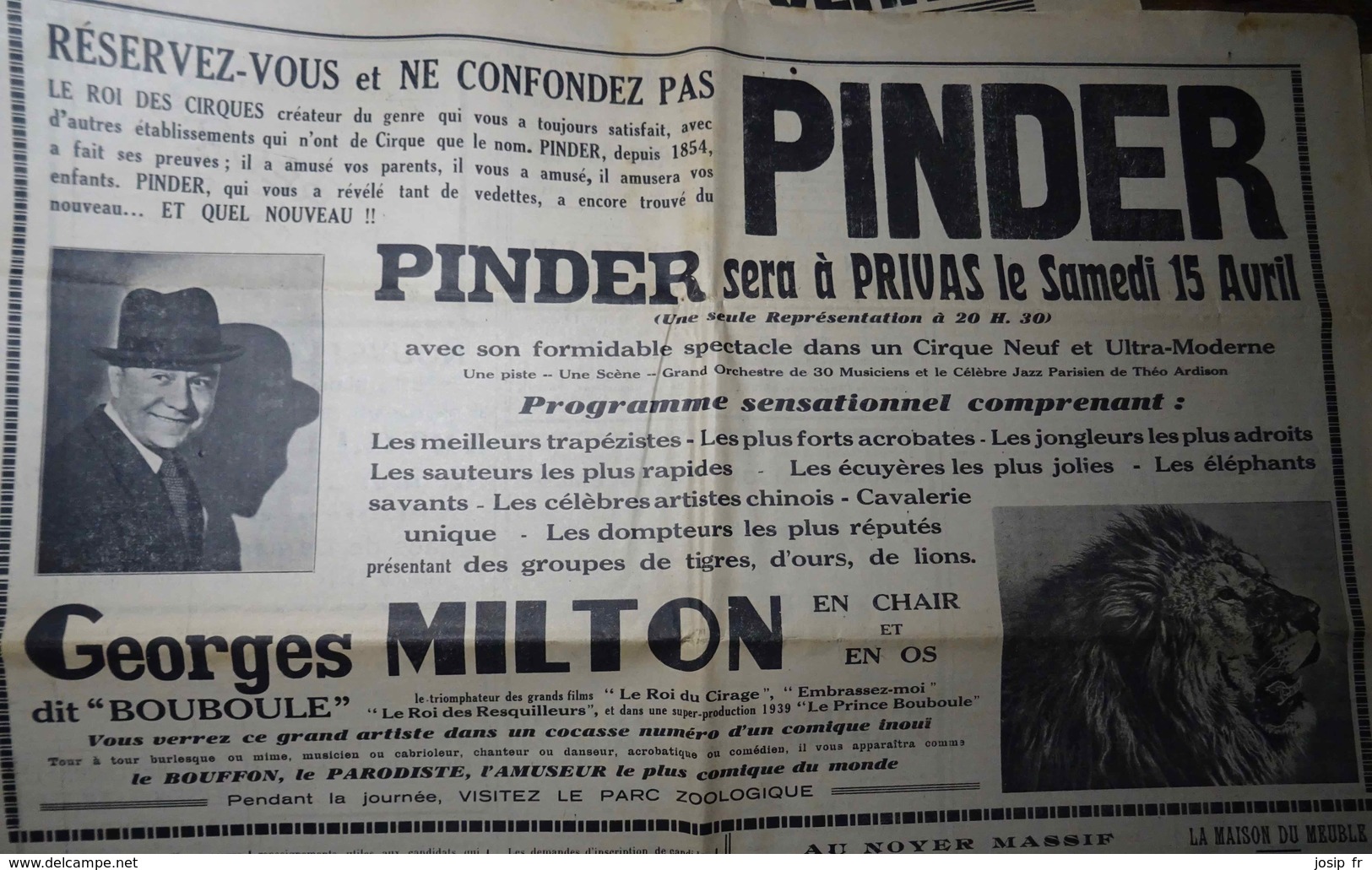 CIRQUE PINDER- PLACARD PUBLICITAIRE SUR LA RÉPUBLIQUE DES CEVENNES, Hebdo Radical Du Samedi 08 Avril 1939 - Publicités