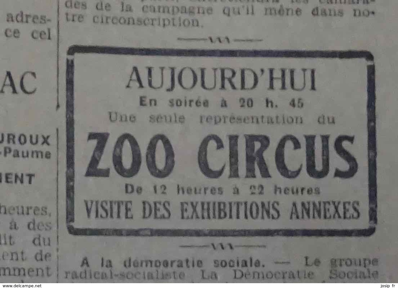 CIRQUE ZOO CIRCUS- PLACARD PUBLICITAIRE SUR LE PETIT PROVENÇAL, Quotidien Du Sud-Est Du 19 Avril 1932 - Publicités