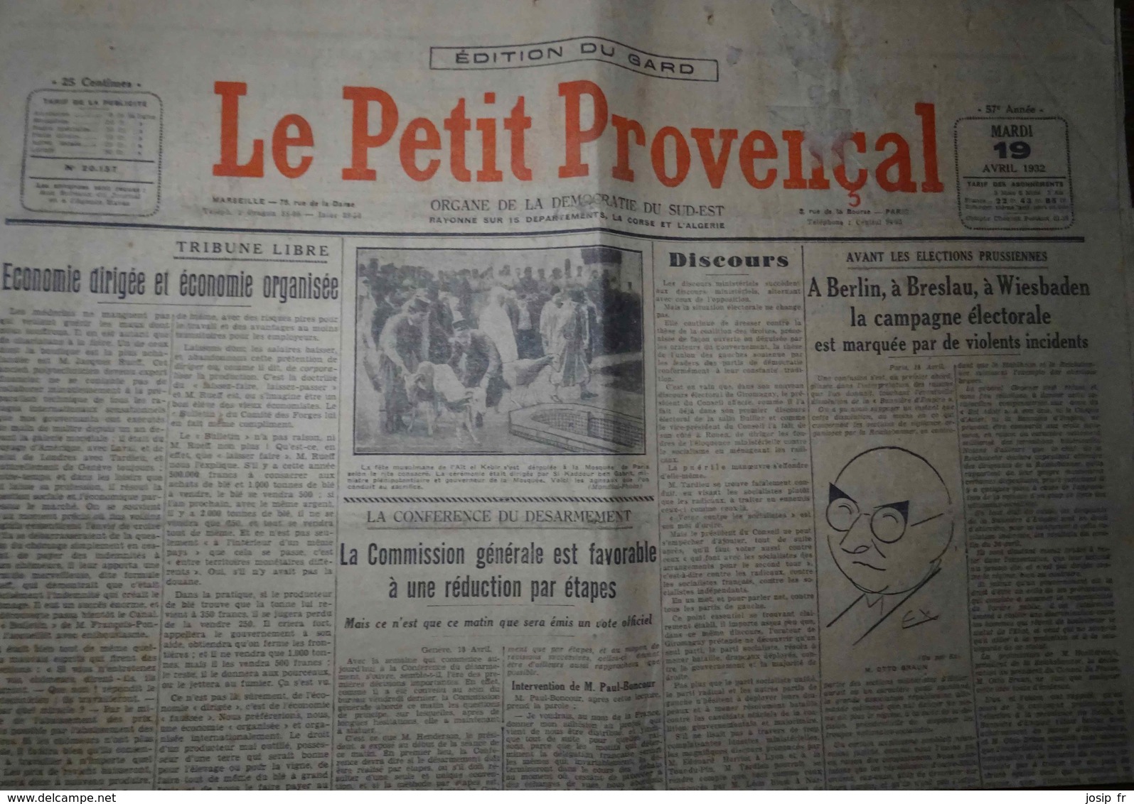 CIRQUE ZOO CIRCUS- PLACARD PUBLICITAIRE SUR LE PETIT PROVENÇAL, Quotidien Du Sud-Est Du 19 Avril 1932 - Publicités