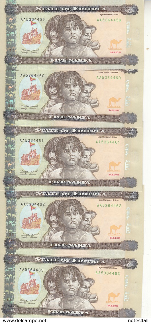 ERITREA 5 NAKFA 2015 P-14 Lot X5 UNC Notes */* - Eritrea