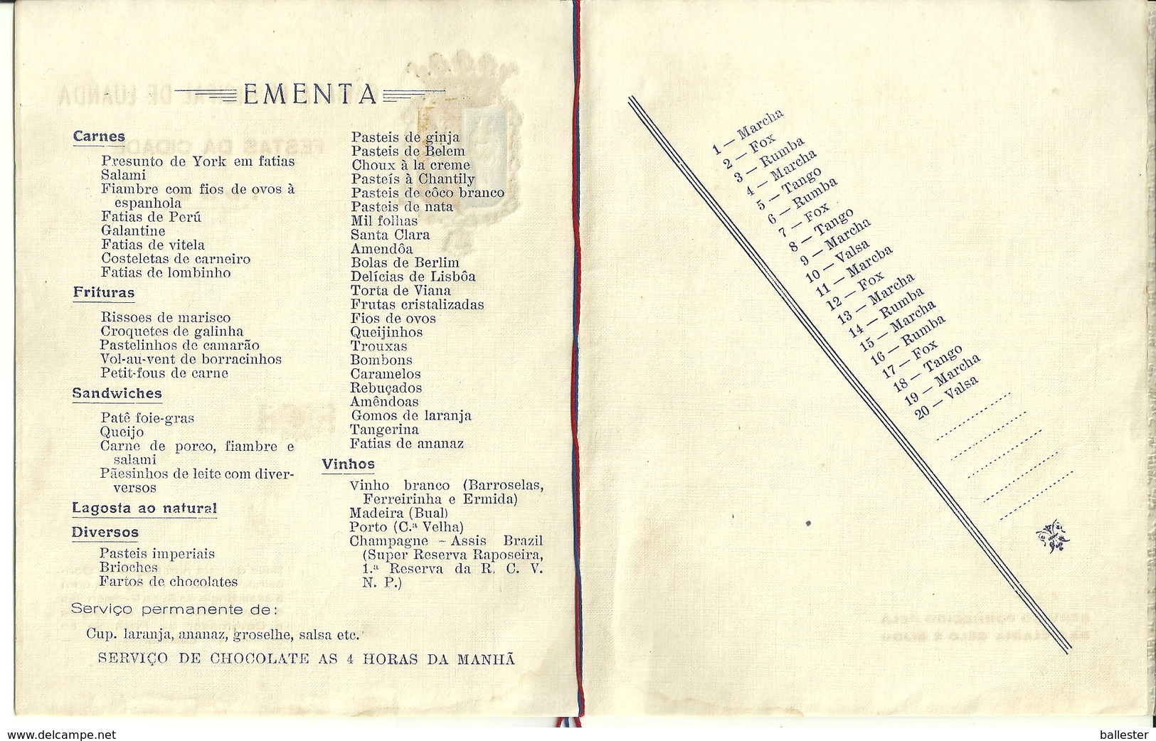 Angola - Luanda - Menu/Ementa Baile Gala Festas Cidade Luanda 1939 (Aristides Marques Vilela) - Autres & Non Classés