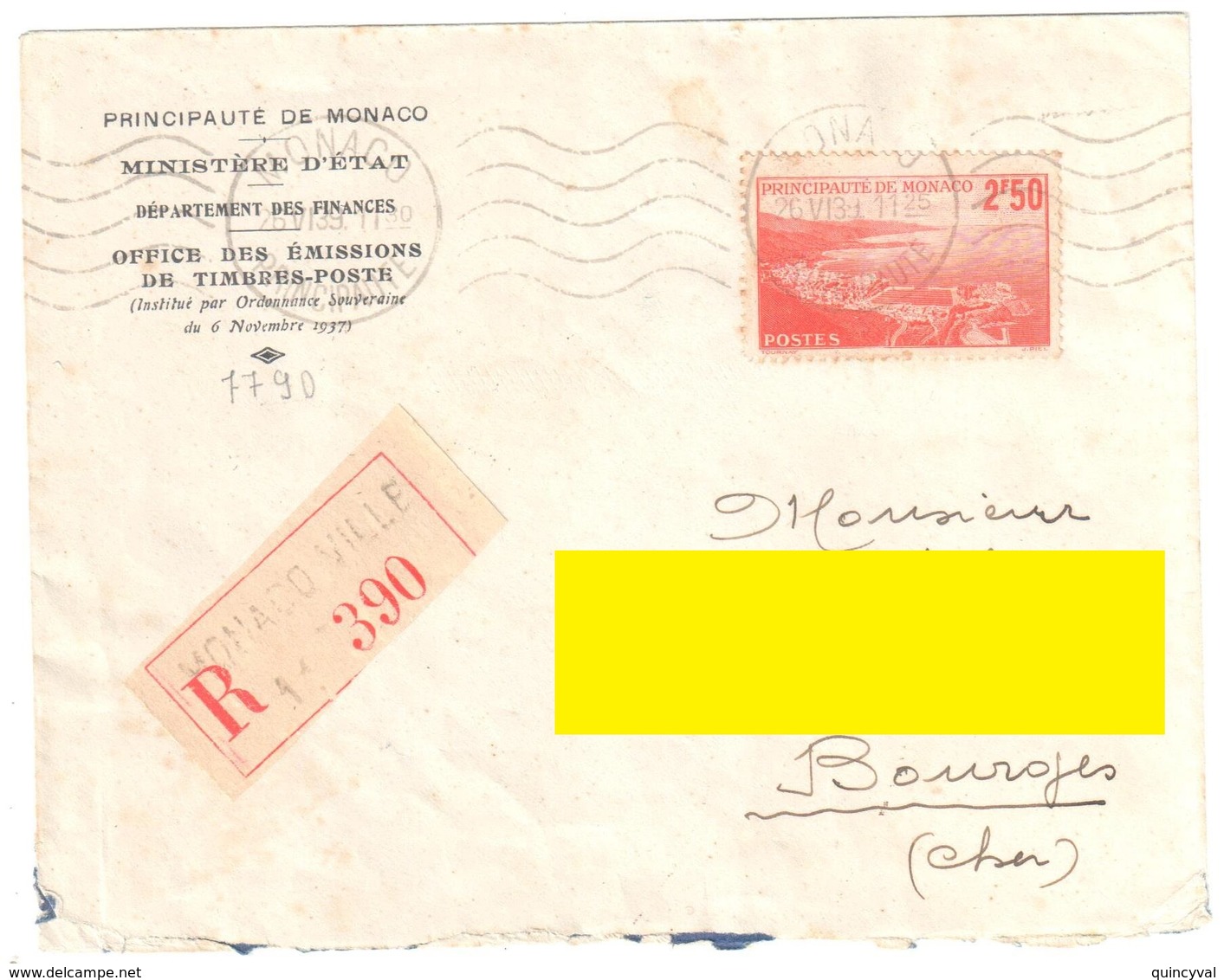 MONACO Principauté Lettre Recommandé 2,50 F Rouge Port Et Rade Yv 179 Ob 26 6 1939 - Covers & Documents