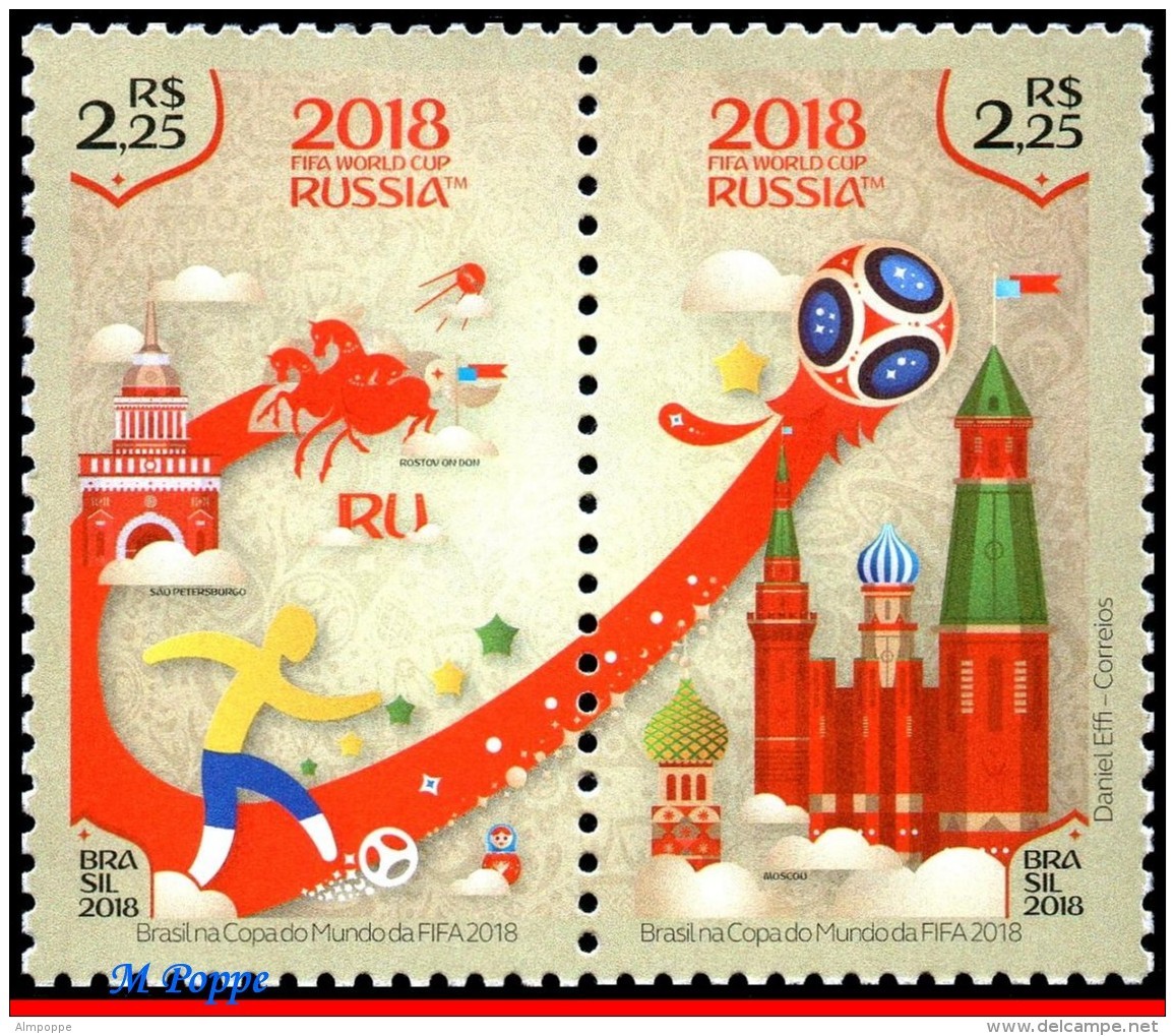 Ref. BR-V2018-06-F BRAZIL 2018 FOOTBALL-SOCCER, FIFA WORLD CUP RUSSIA,, RUSSIAN FEDERATION, SHEET MNH 18V - Blocks & Sheetlets