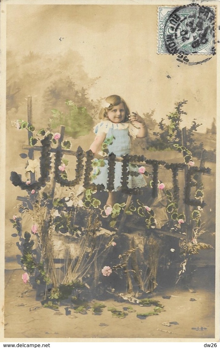Prénom Juliette - Fillette Dans Son Jardin Avec Pensées Et Roses - Carte J.K. Dos Simple - Vornamen