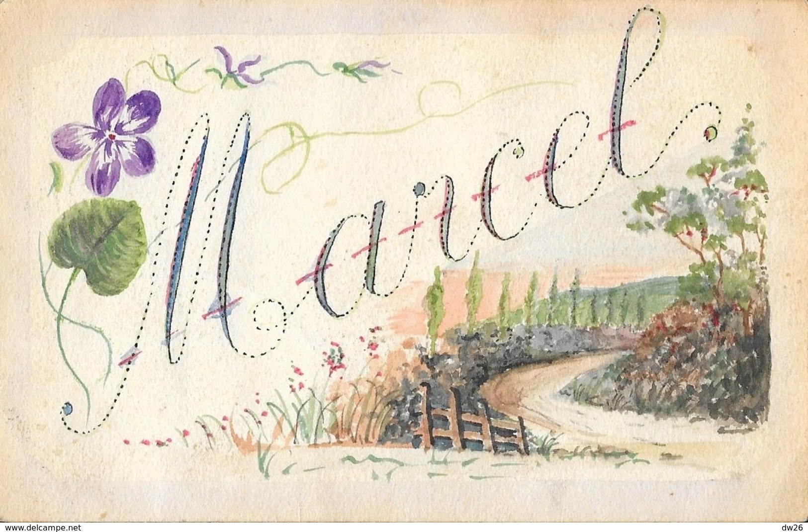 Prénom Marcel - Chemin Faisant Avec Fleurs - Carte Peinte - Prénoms