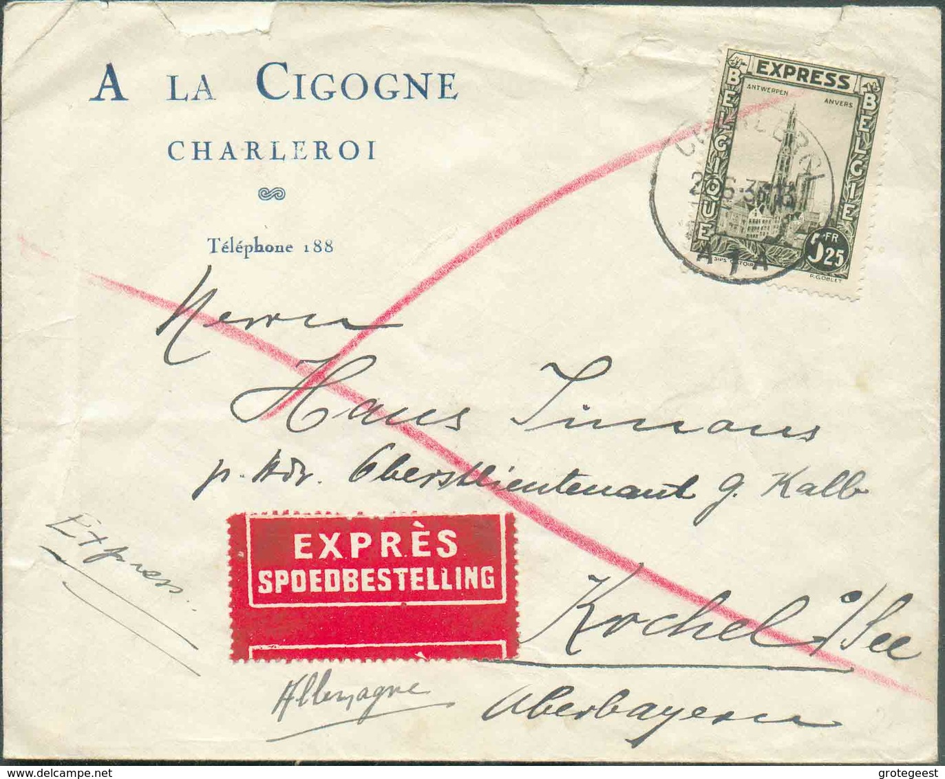 N°292G - 5Fr.25 EXPRES Obl. Sc CHARLEROI Sur Lettre Exprès (Etiq.) Du 22-6-1933 Vers Kochel + (verso) Ovale Ambulant KÖL - Covers & Documents