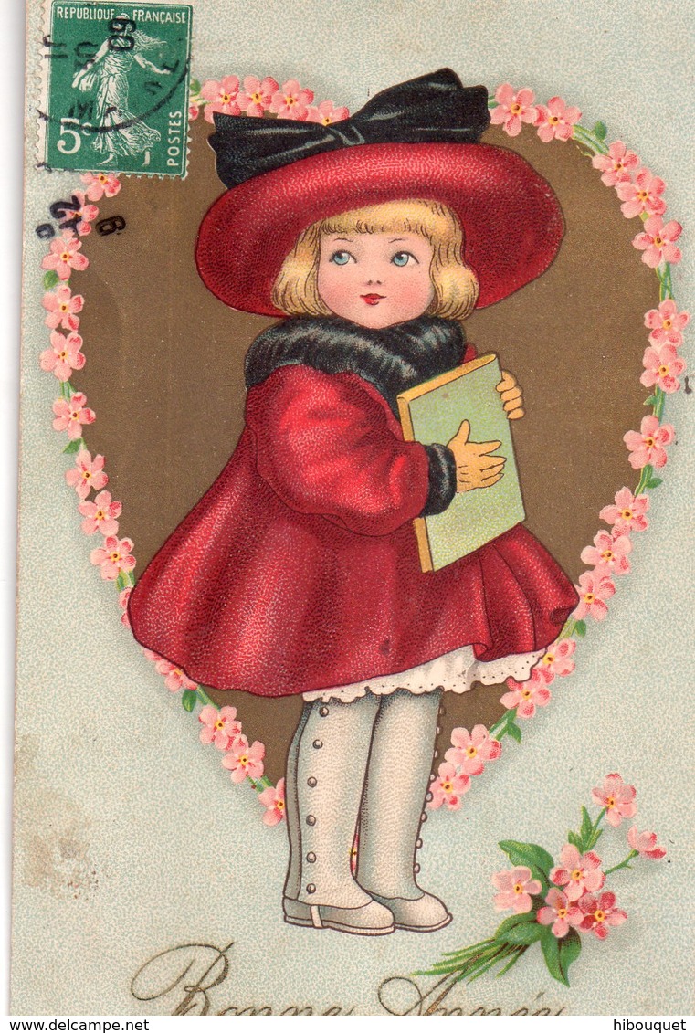 CPA, Bonne Année, Fillette En Chapeau Et Bottines  Dans Un Coeur Doré Avec Couronne De Myosotis Rose - April Fool's Day