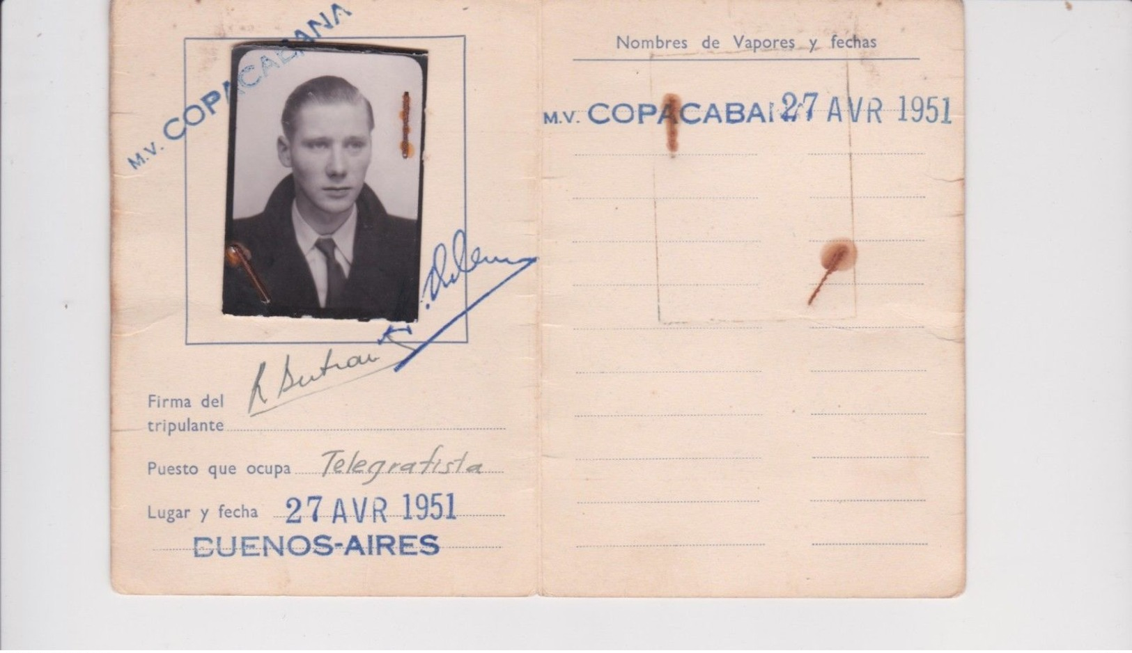 Marine Marchande-Compagnie Maritime Belge-M/V Copacabana-ficha De Identitad-1951-buenos Aires - Non Classés