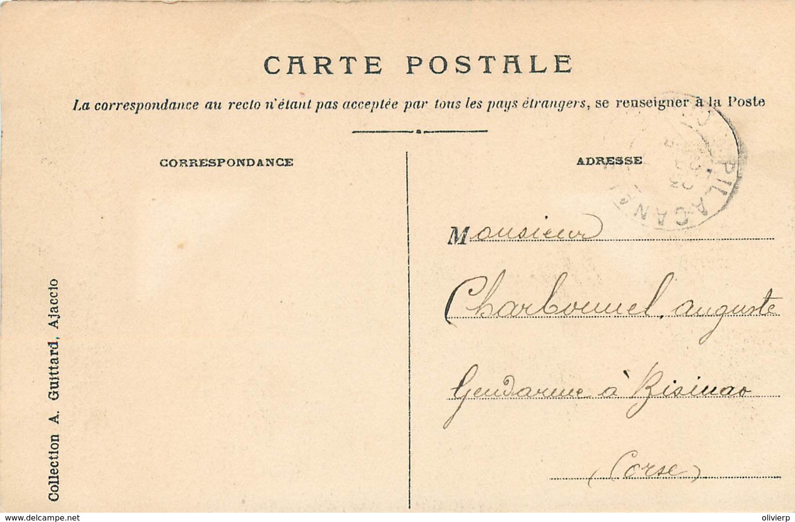 France -2A - Cauro Corse -  Verso : Expédiée à Un Gendarme Français à Bisinao Corse - Autres & Non Classés