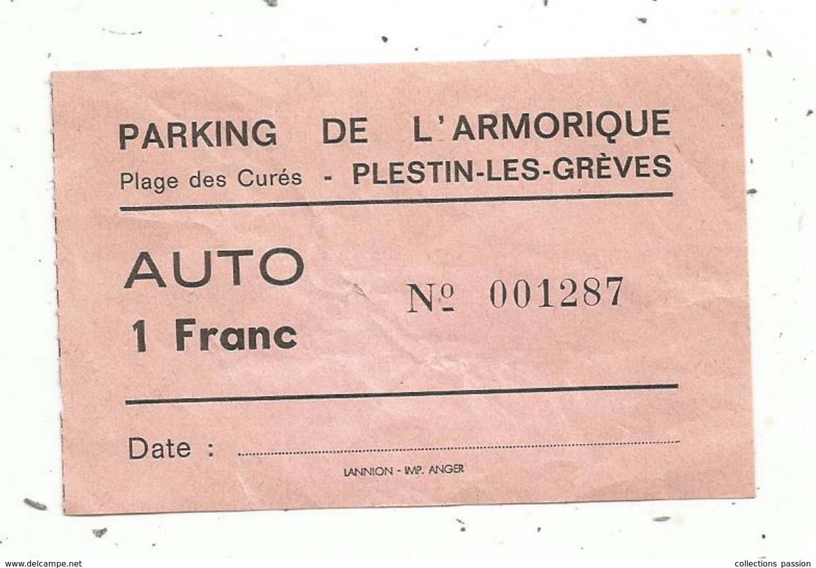 Titre D'entrée, Parking De L'Armorique ,plage Des Curés , PLESTIN LES GREVES ,1 Franc, Automobile - Eintrittskarten