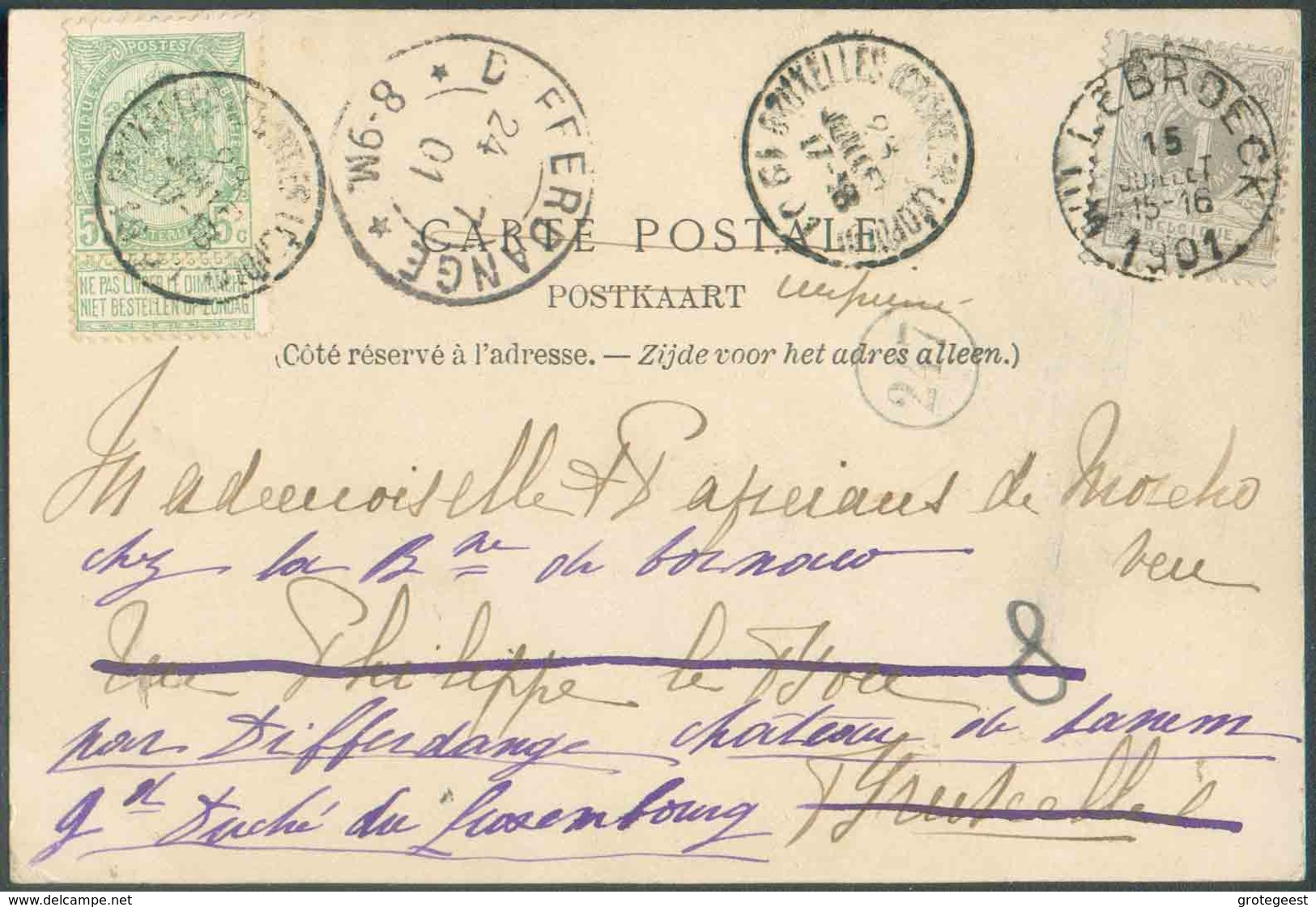 Belgique  N°43 - 1 Centime Gris, Obl. Sc WILLEBROECK Sur C.P. Du 15 Juillet 1901 Vers Bruxelles (biffé) Et Renvoyé Vers - Altri & Non Classificati