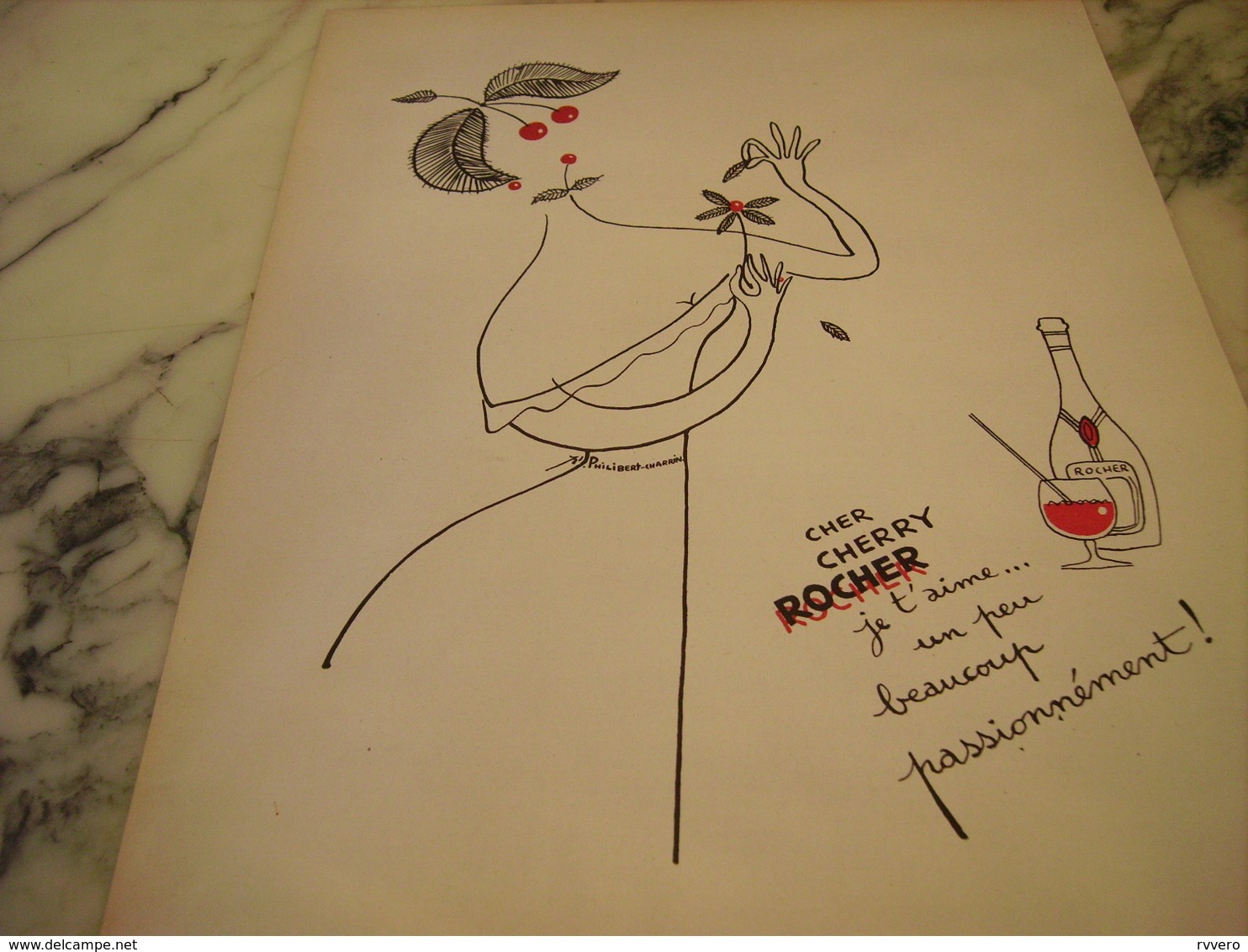 ANCIENNE PUBLICITE  UN PEU BEAUCOUP CHERRY ROCHER DIGESTIF 1954 - Alcools