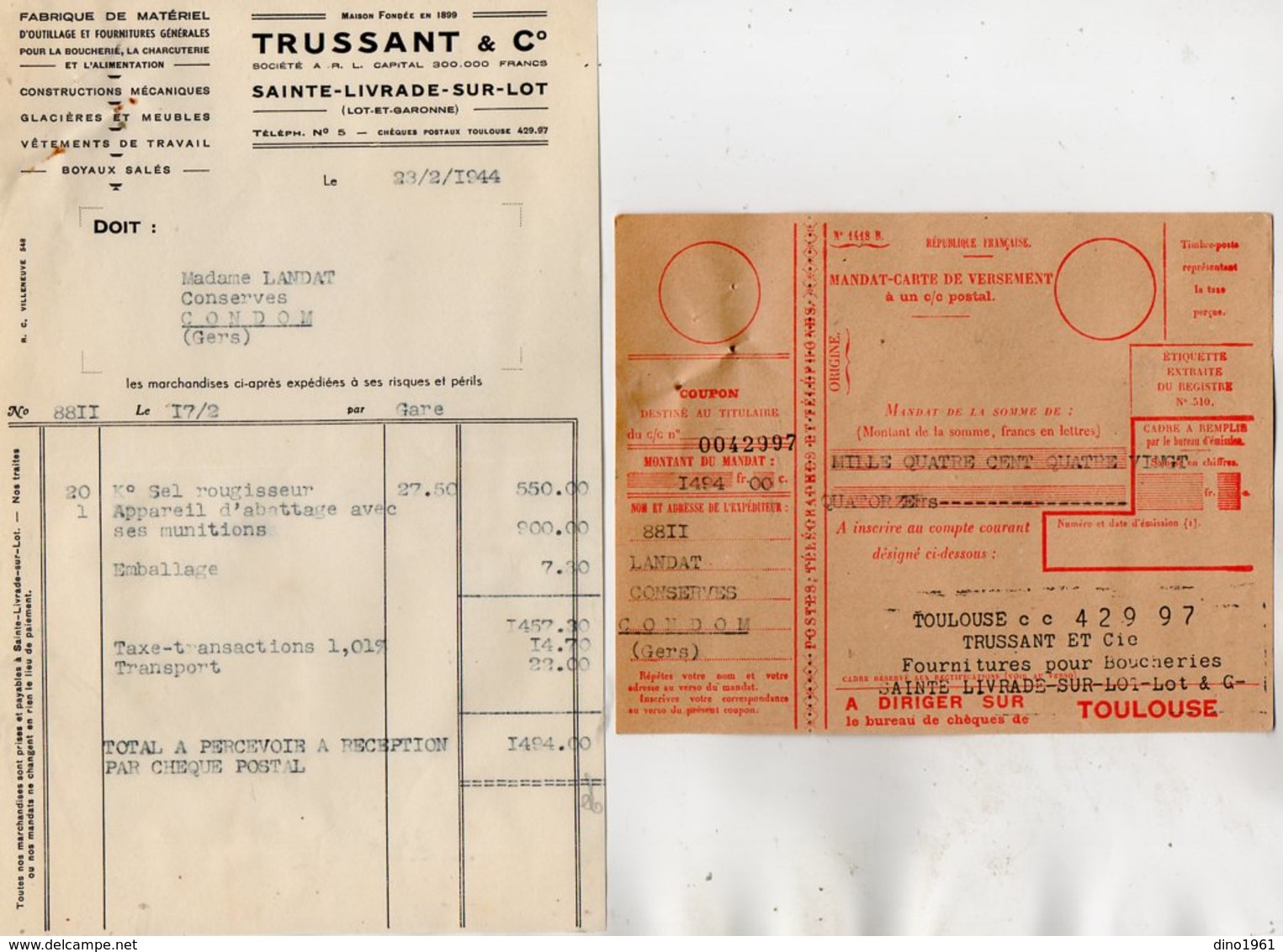 VP13.943 - Lot De Documents - Fabrique De Matériel Pour La Boucherie , La Charcuterie TRUSSANT & Cie à SAINTE - LIVRADE - Alimentaire