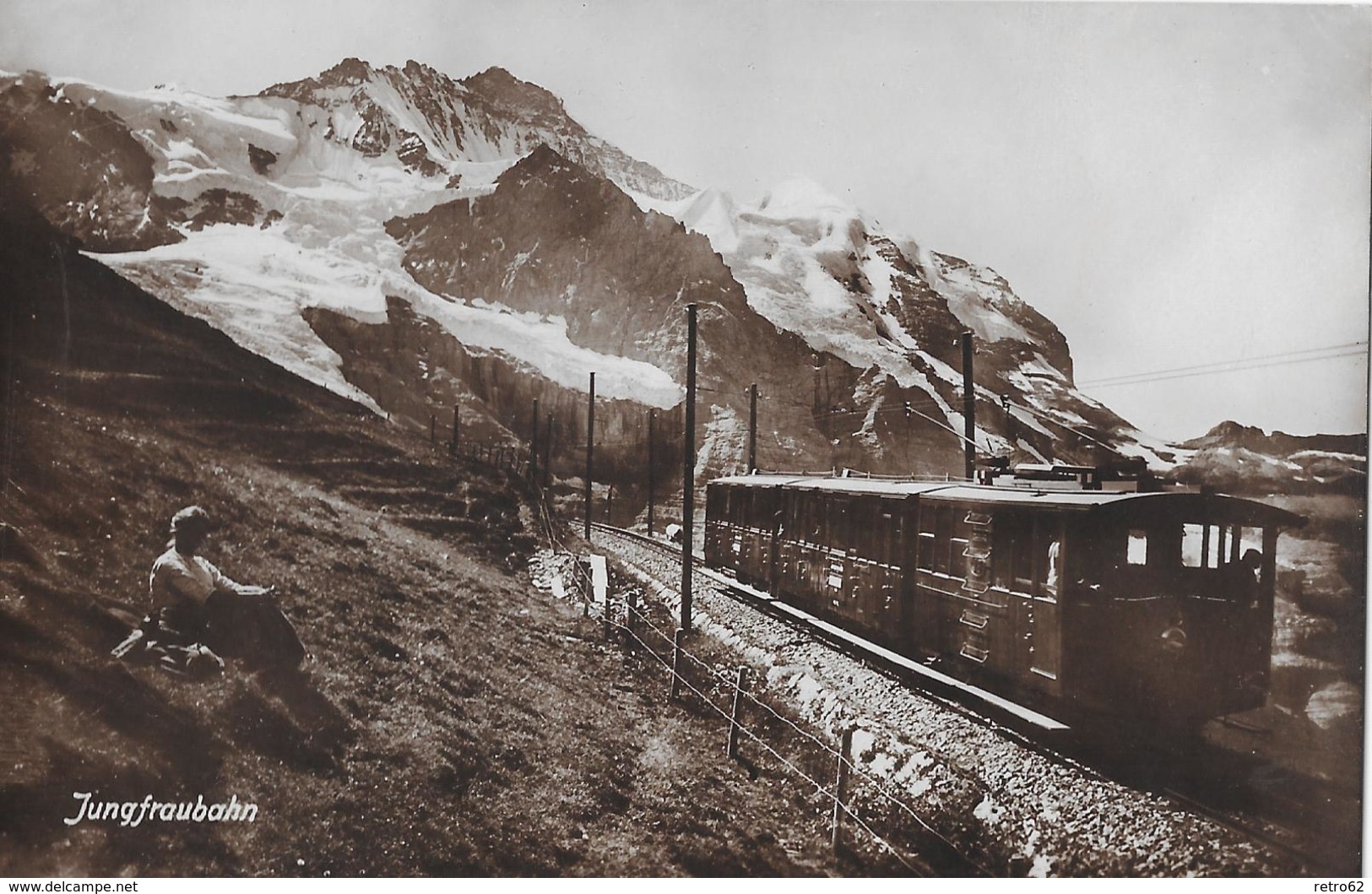 JUNGFRAUBAHN → Zugkomposition Vor Dem Jungfraumassiv Mit Berggängerin Ca.1930 - Sonstige & Ohne Zuordnung