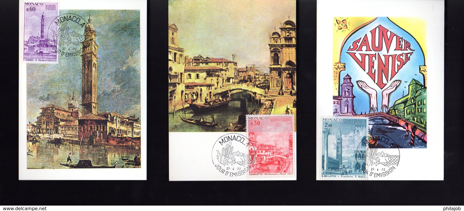 " SAUVEZ VENISE " Sur 3 Cartes Maximum De MONACO De 1972. Parfait état - FDC