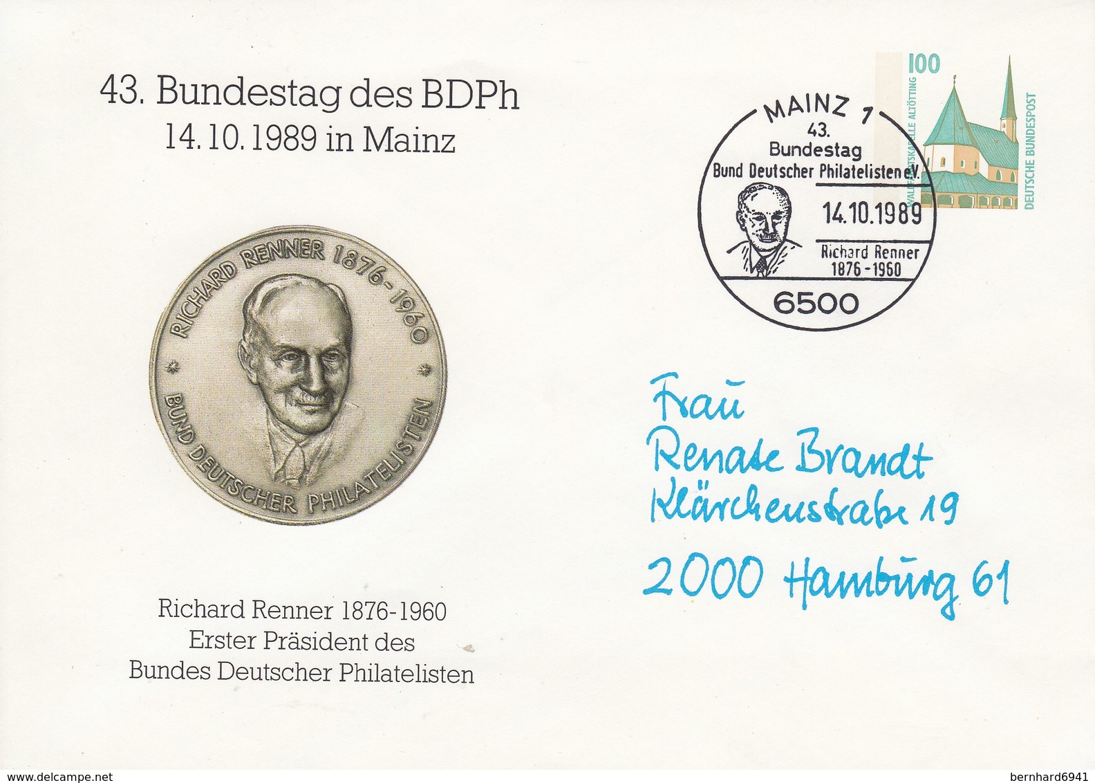 PU 290/30  43.Bundestag Des BDPh 1989 In Mainz - Richard Rennen 1876-1960, Mainz 1 - Privatumschläge - Gebraucht