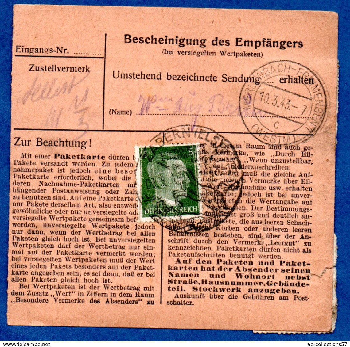 Colis Postal -  Départ Zabern ( Saverne ) -  10/3/1943 - Briefe U. Dokumente